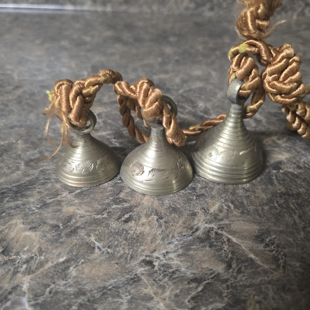 Vintage Brass Hanging Temple Bells Set of 3 on Decorative Cord India Boho Decor